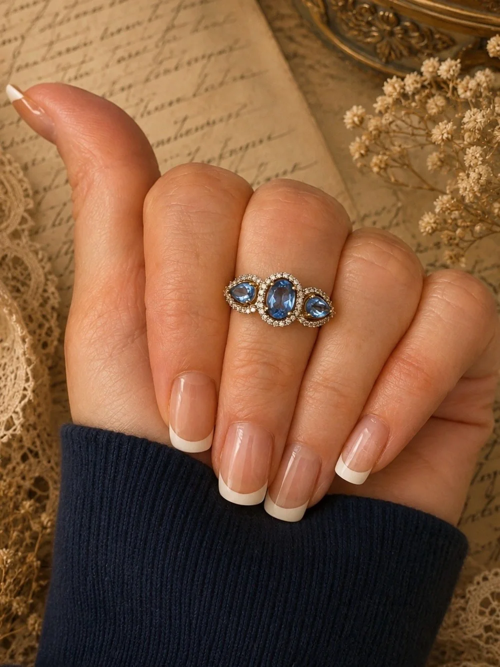 MACY’S • Vintage Style Blue Tanzanite Three-Stone Halo Crystal Ring September